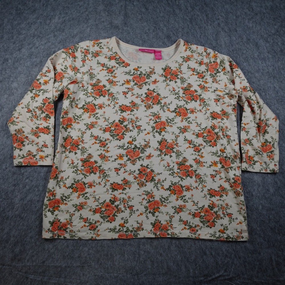 Woman Within Top Womens Large Beige Floral 3/4 Sleeve Scoop Neck Cotton Blend